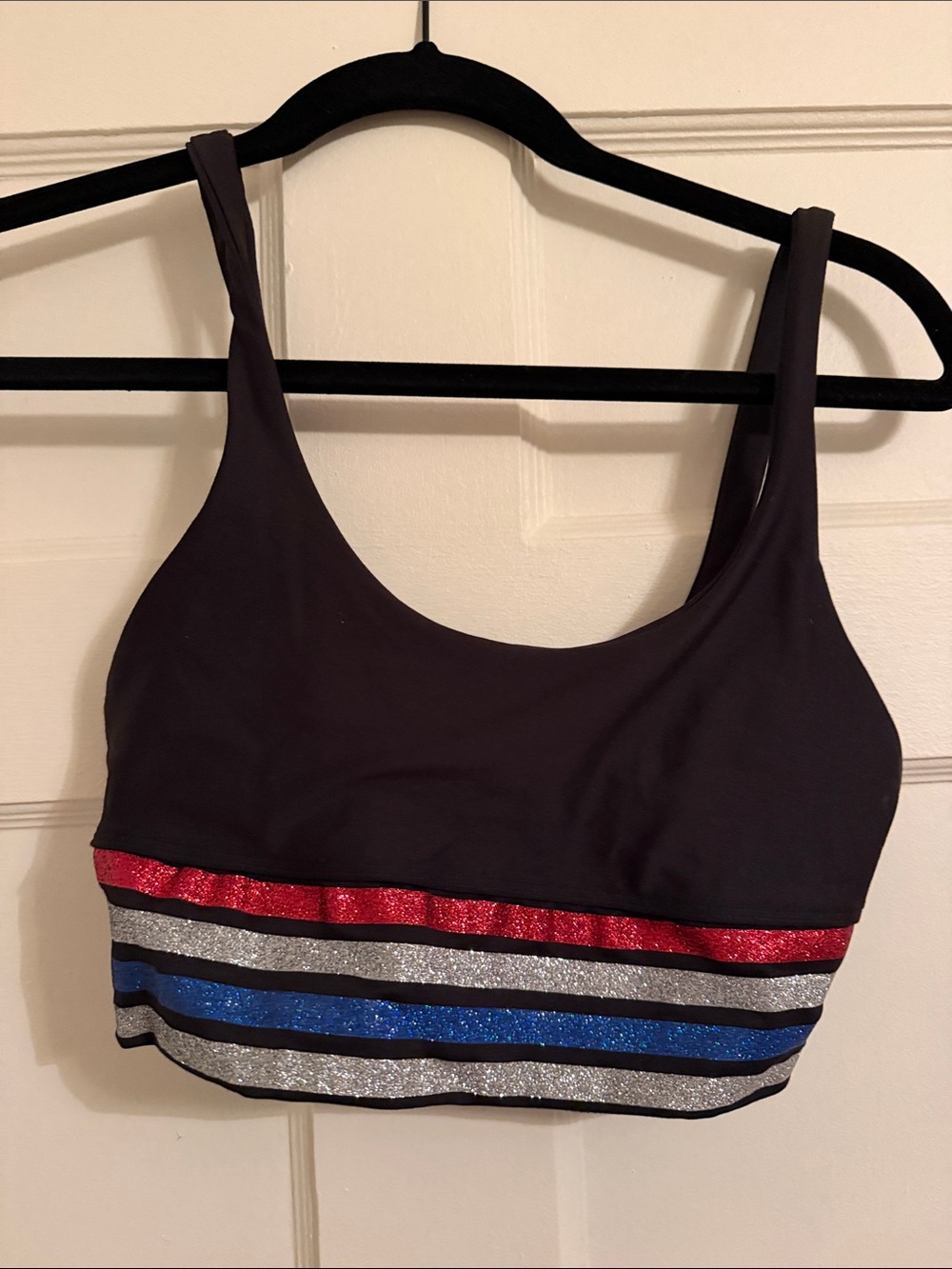 Beach Riot Black Sports Bralette with Red, Silver & Blue Glitter Stripes